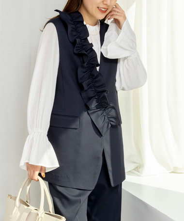 《セットアップ対応》ウォッシャブルジョーゼットフリル付きマルチWAYジレ