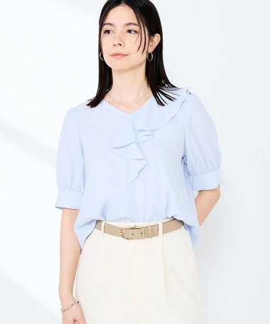 ウォッシャブルジョーゼットアシメラッフルブラウス