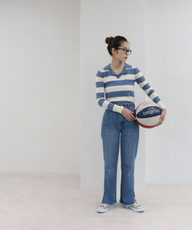 衿付きボーダーニット