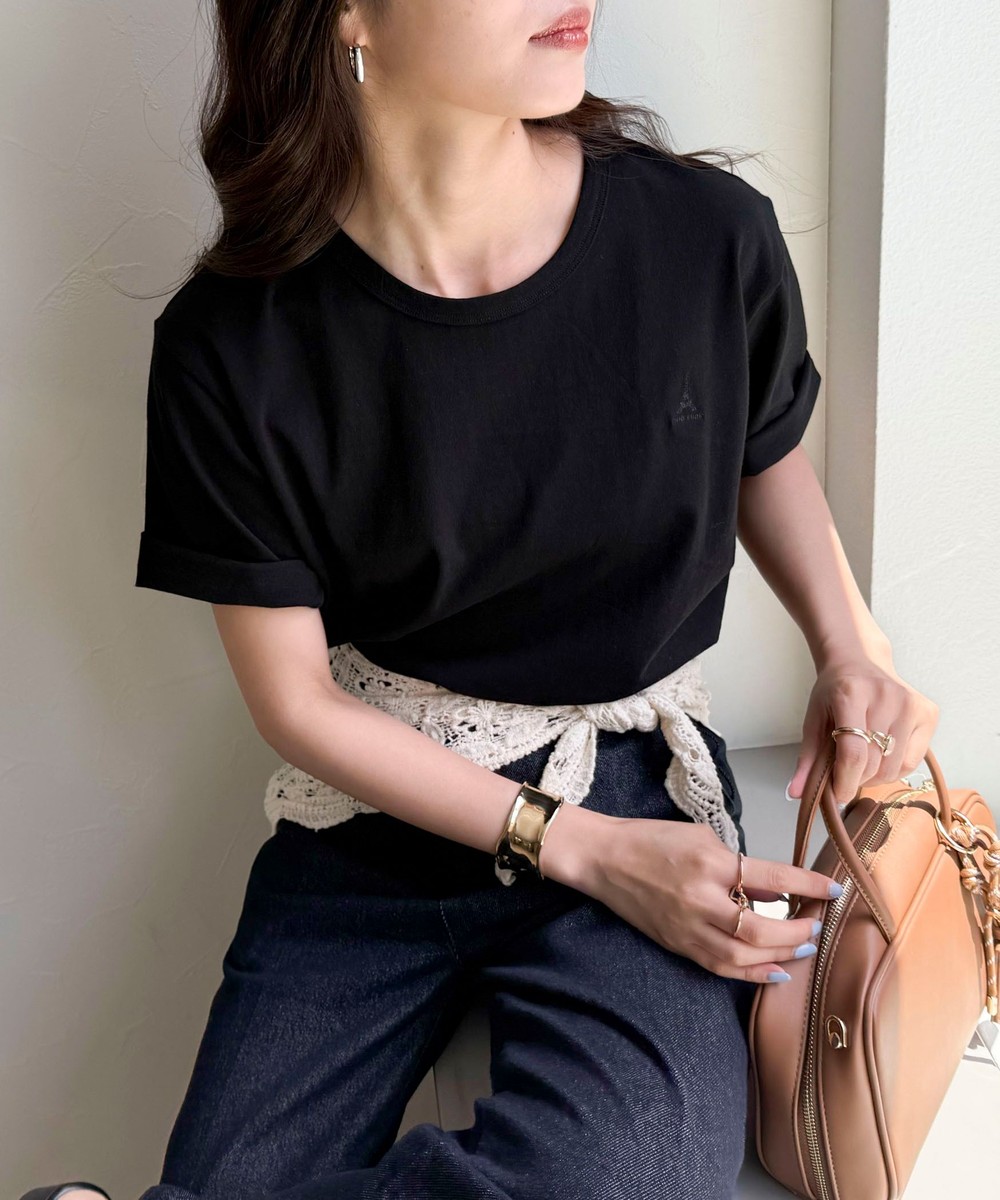 ボーダー無地ワンポイントロゴ5分袖Ｔシャツ