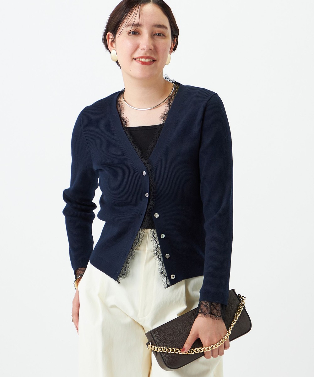 《手洗い可能》レース付きリブVネックカーディガン