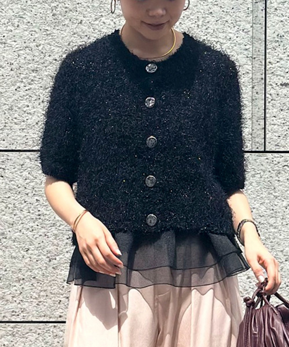裾フリルキャミ付きファンシーヤーン5分袖カーディガン
