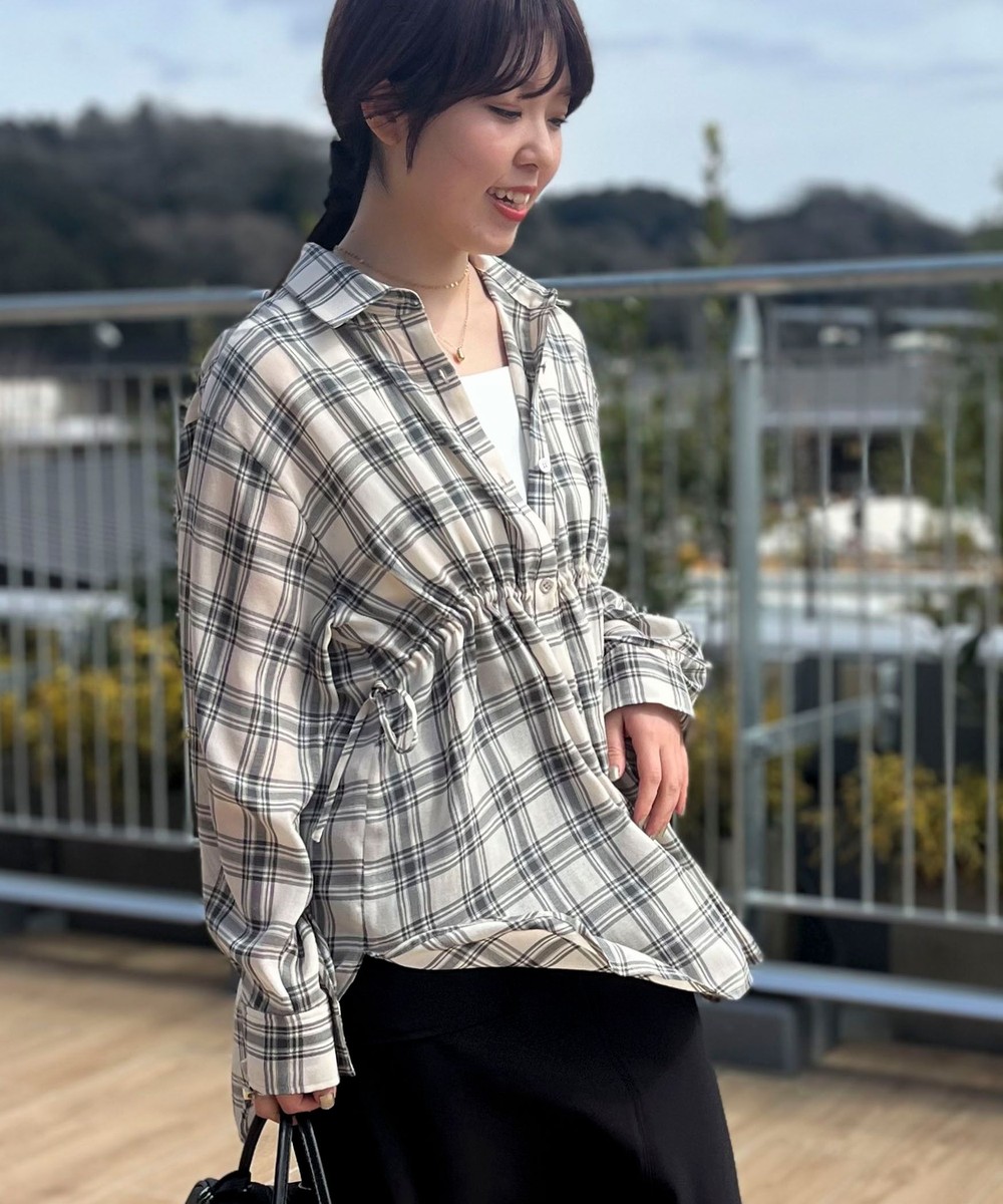 ウエスト絞りチェックシャツ