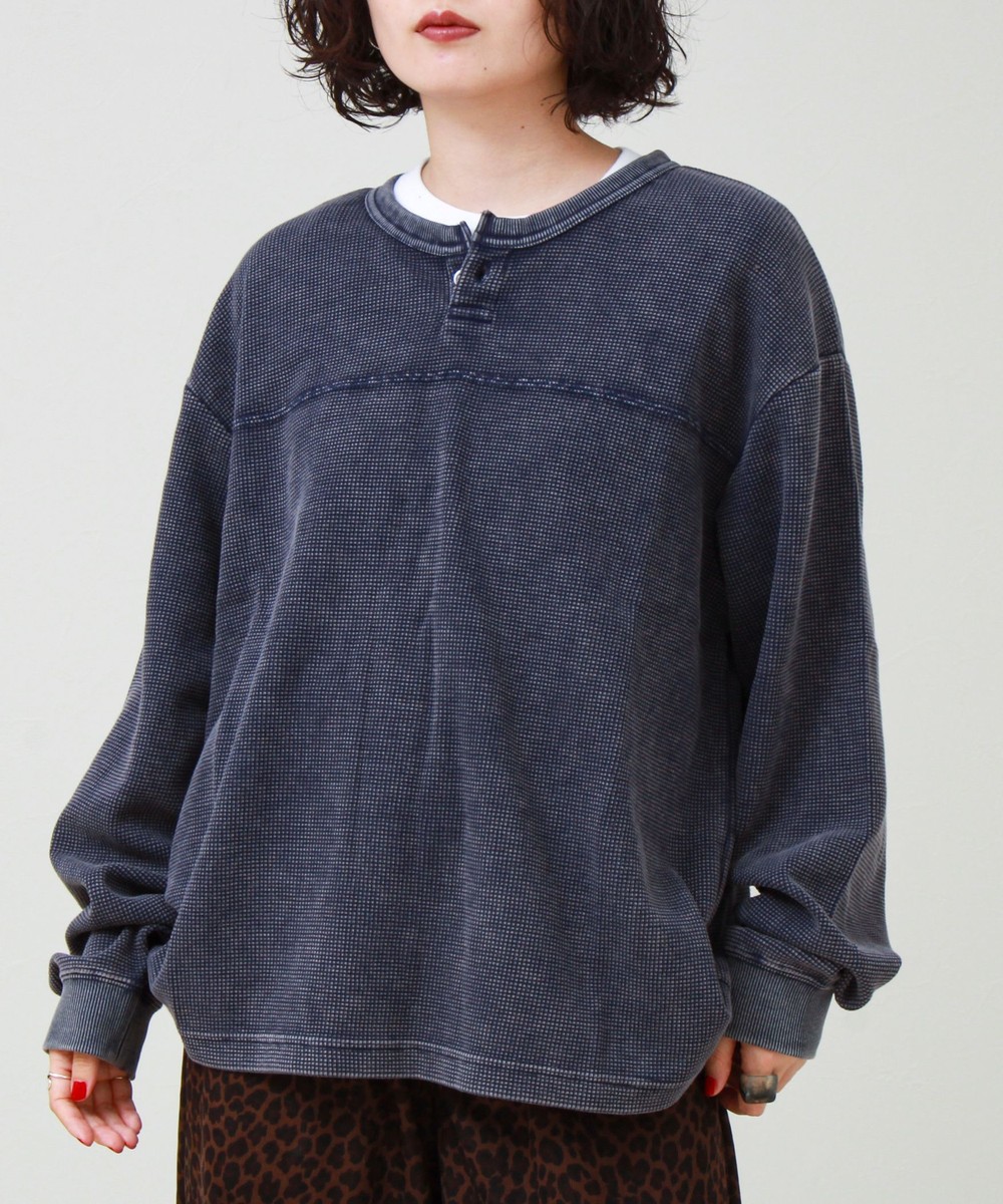［FREDY＆GLOSTER限定 TIME SALE！］【ヴィンテージライク】硫化染めワッフル ヘンリーネックロングスリーブTシャツ