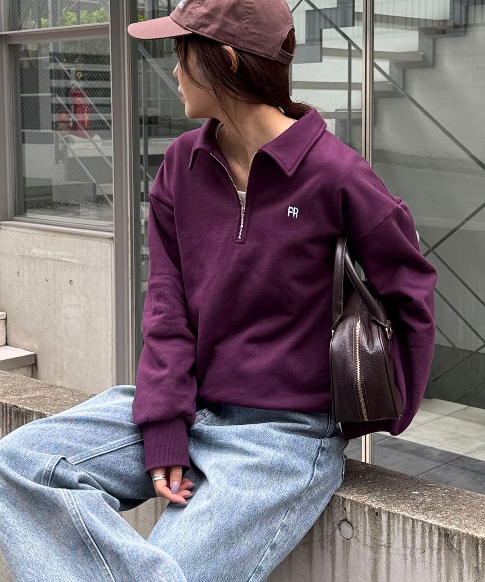 FR刺しゅう衿付きハーフZIPスウェットプルオーバー