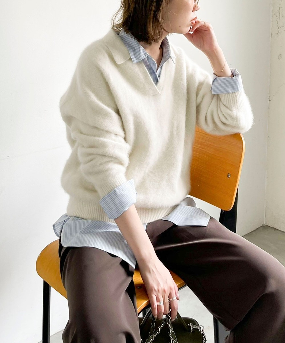 カシミヤ混へアリーポロ襟プルオーバー