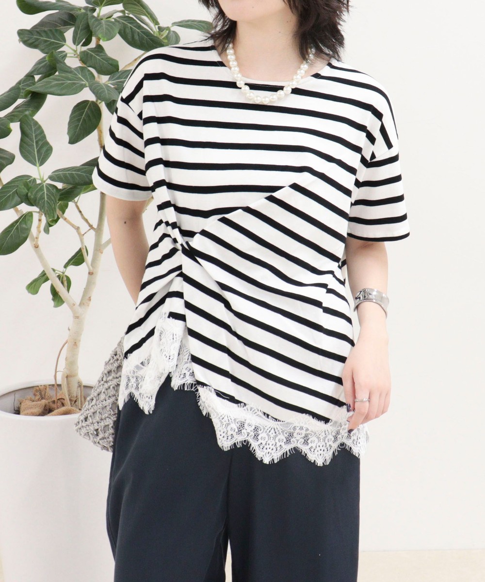ボーダーアシメツイストプルオーバーTシャツ