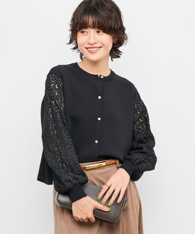 NOLLEY’S◆カーディガン(厚手)/38/ポリエステル/NVY/3-0035-5-02-001/23AW/フワフワクルーネッ 手洗い可能》フラワー刺繍生地袖クルーネックカーディガン（5