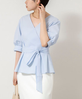 ウォッシャブルサッカーベルト付ペプラムブラウス