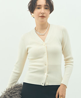 《アンサンブル対応》《手洗い可能》カシミヤ混リブVネックカーディガン