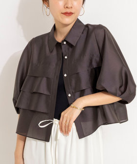 シアーシルキーパール釦フリルブラウス