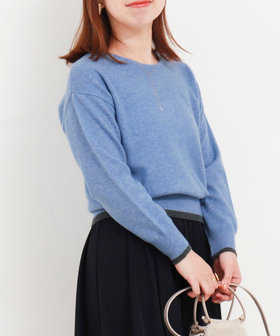 美品　ドゥロワー　クルーネック　ニット　カシミヤ100%ブルー系 カシミヤ100 配色クルーネックプルオーバーニット（5-0803-6-02-003