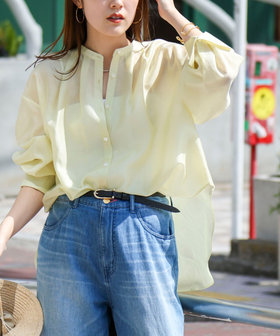 ウォッシャブルサイドボタンシアーブラウス