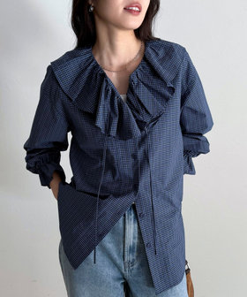 チェックフリルカラーブラウス