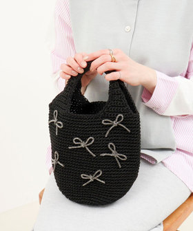 ビジューリボンコード編みトートバッグ