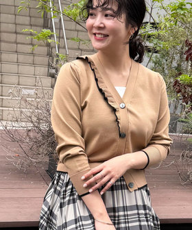 片側フリルアシメ配色カーディガン