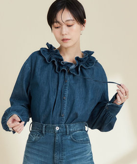 追加7回】【RM denim】フリルギャザーデニムブラウス（4-0038-6