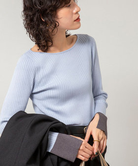 《手洗い可能》ウール混ワイドリブ袖口配色プルオーバー