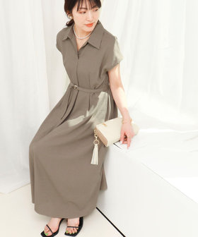 ウエストベルト開き襟ワンピース