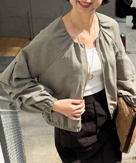 麻調ノーカラーホイップスリーブブルゾン