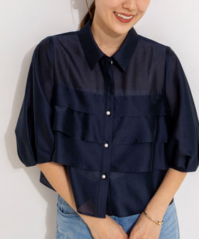 シアーシルキーパール釦フリルブラウス