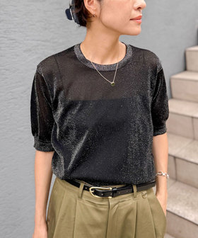 《手洗い可能》《アンサンブル対応》シアーラメ天竺5分袖プルオーバーニット