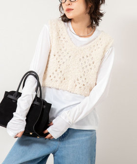 《手洗い可能》カットフェザーヤーン透かし柄2WAYビスチェ