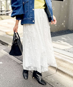 ウォッシャブルチュール刺繍リバーシブルギャザースカート