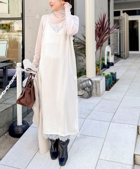 ウォッシャブルトリミングレースサテンキャミワンピース