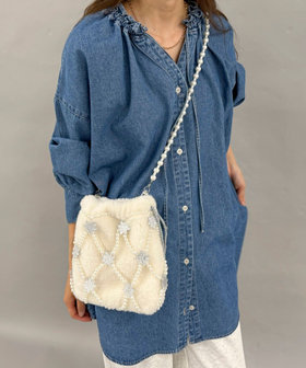 【CASSELINI/キャセリーニ】パールメッシュファーコンビ巾着バック