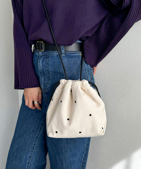 ハート刺繍コール巾着ショルダーバック