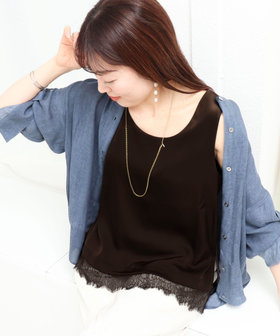 サテン×スムース裾レースタンクトップ