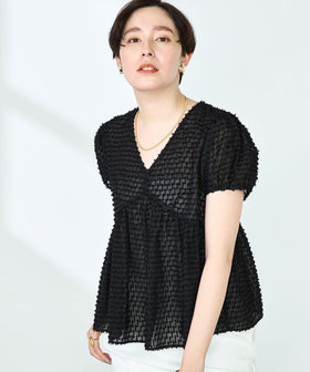 フラワーカットジャガードペプラムブラウス(34P WHITE): M