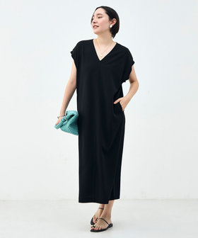 ウォッシャブル袖口リブマキシ丈ワンピースジョーゼットダンボール