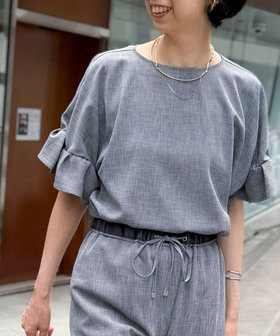 《セットアップ対応》リネンライクシャンブレーフリルスリーブブラウス