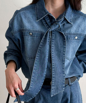 《セットアップ対応》デニムボウタイクロップドシャツ