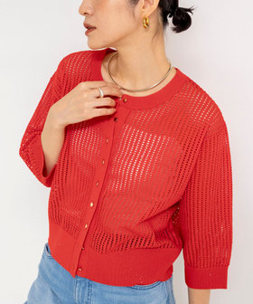 《手洗い可能》メッシュスパンコール6分袖カーディガン