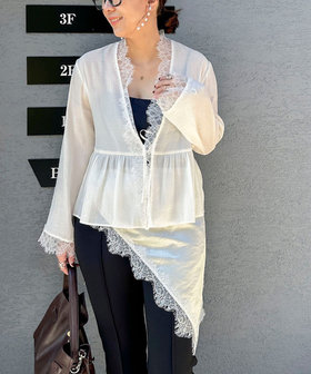 ウォッシャブルレーストリミングオーガンジーブラウス