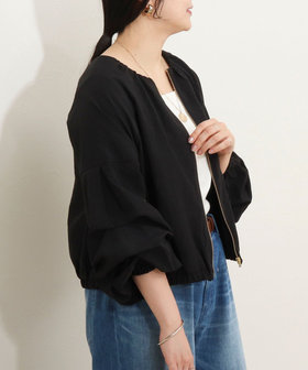 麻調ノーカラーホイップスリーブブルゾン