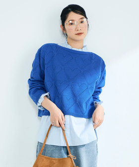 LINEN混ハート透かし柄ニット