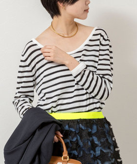 ウォッシャブルブークレーボーダーバックUネックプルオーバー