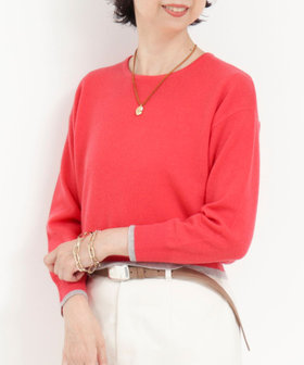 カシミヤ100 配色クルーネックプルオーバーニット（5-0803-6-02-003