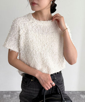 チュールテープ半袖ニットプルオーバー