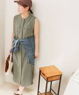 麻調×リブ切替ワンピース