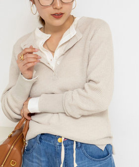 《手洗い可能》ギマポリコットンワッフルヘンリーネックプルオーバー