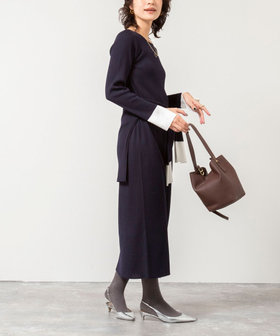 《手洗い可能》ウール混ワイドリブ袖口配色ロングワンピース