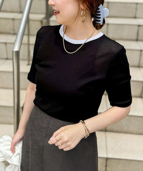 シアー配色トリミング半袖Tシャツ