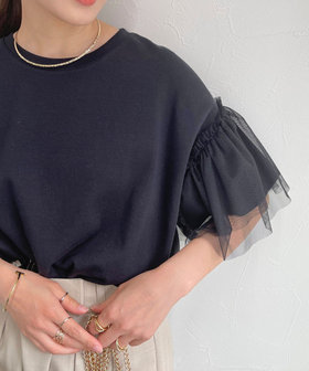 袖チュールフレアポンチプルオーバー