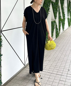 ウォッシャブル袖口リブマキシ丈ワンピースジョーゼットダンボール