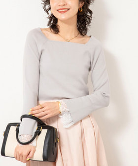 《手洗い可能》袖口レース取り外し可総針スクエアネックプルオーバー